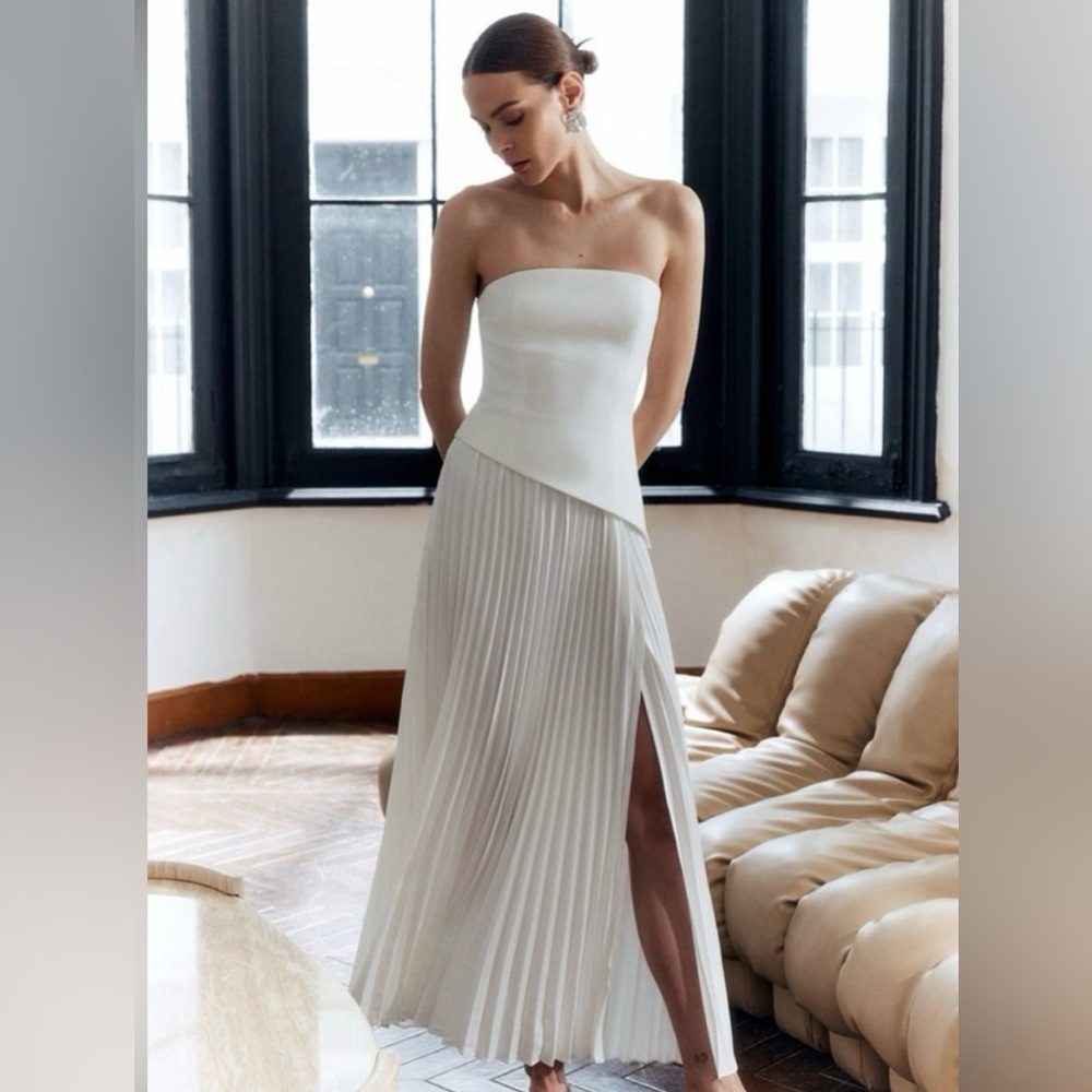 Solid Pleated Strapless Split Dress NWT